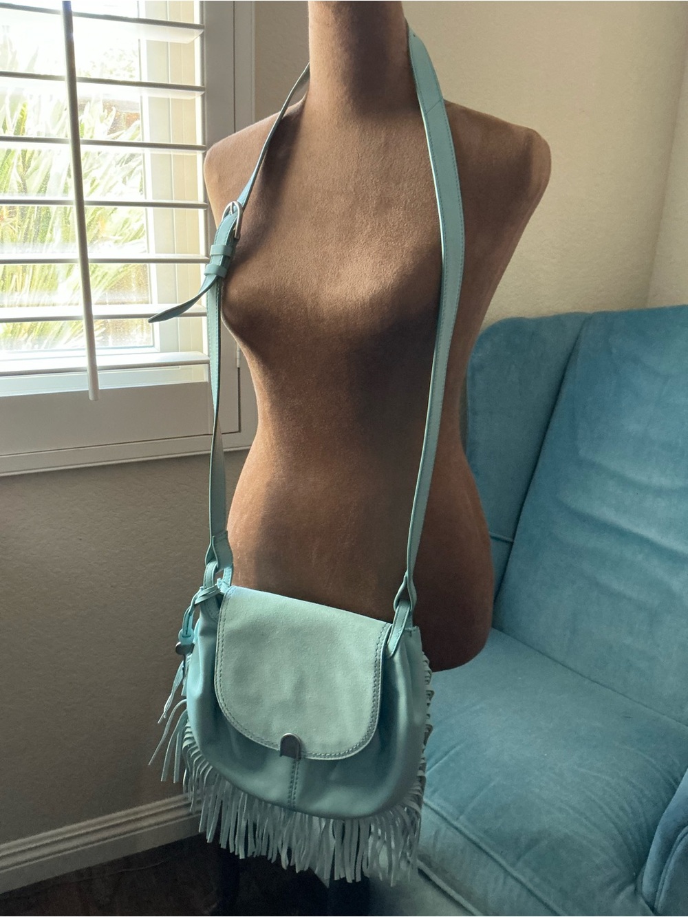 Fossil Women's Fringe Crossbody Bag in Light blue/aqua